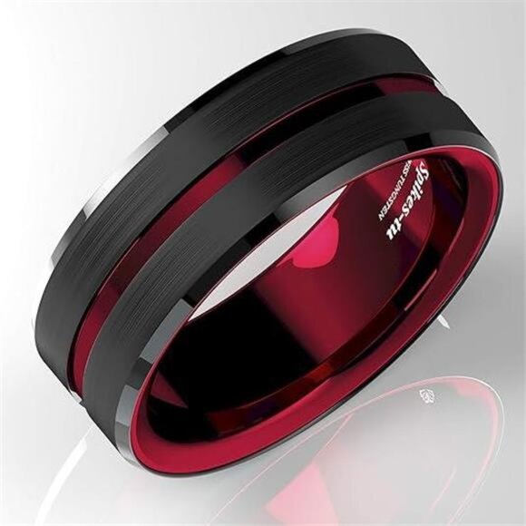 Men's Wedding Band - Black and Red Line Ring for Men - Wedding Rings - Picture 2 of 7